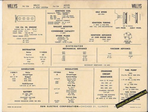 1964 willys jeep f4-134 model fc-150 6 volt car sun electronic spec sheet