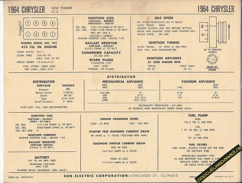 1964 chrysler new yorker vc-3 v8 413 ci engine car sun electronic spec sheet