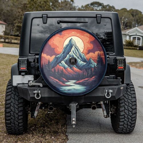 Blue mountain sunset spare tire cover, mountain sunset scene spare tire cover, b