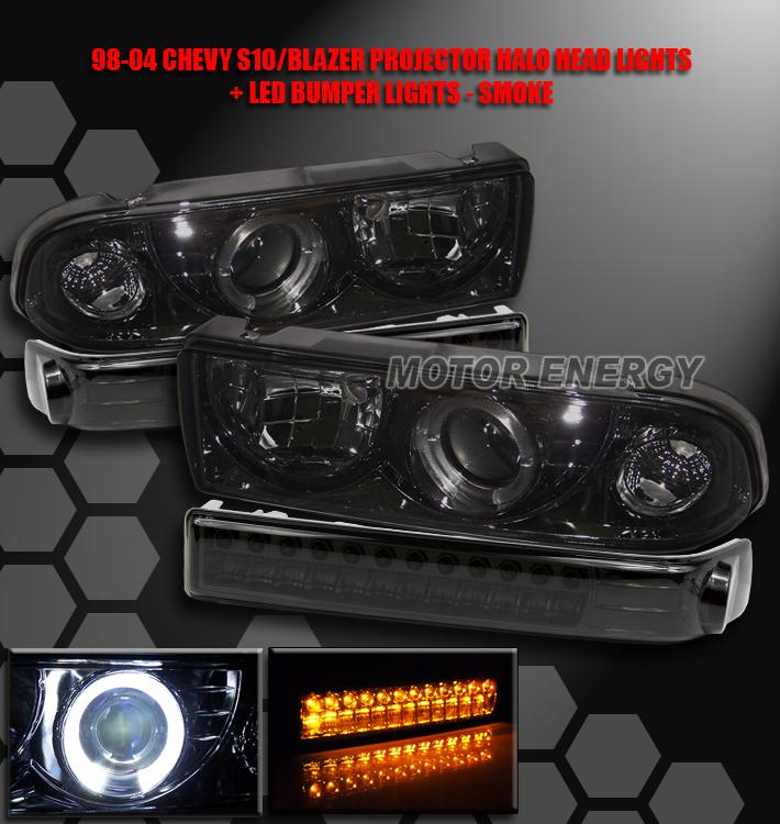 1998-2004 chevy blazer s10 halo projector head lights+led bumper smoke 2002 2003