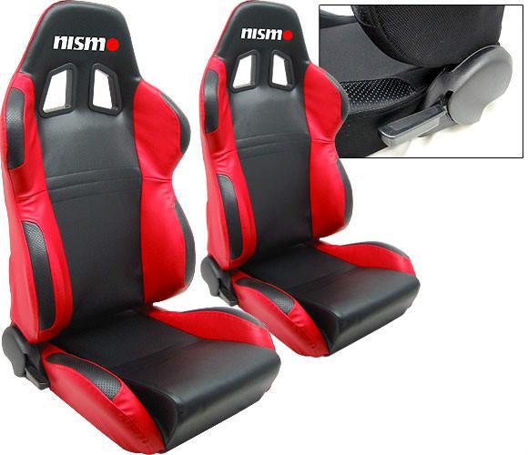 1 pair red & black pvc leather racing seats reclinable + stitched logo nissan