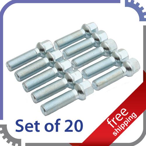 20pc full set - 14x1.5 lug bolts - 28mm shank - ball seat r12 radius - audi & vw