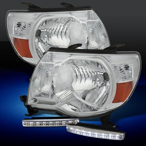 05-11 tacoma chrome amber crystal headlights + drl led daytime running fog lamps