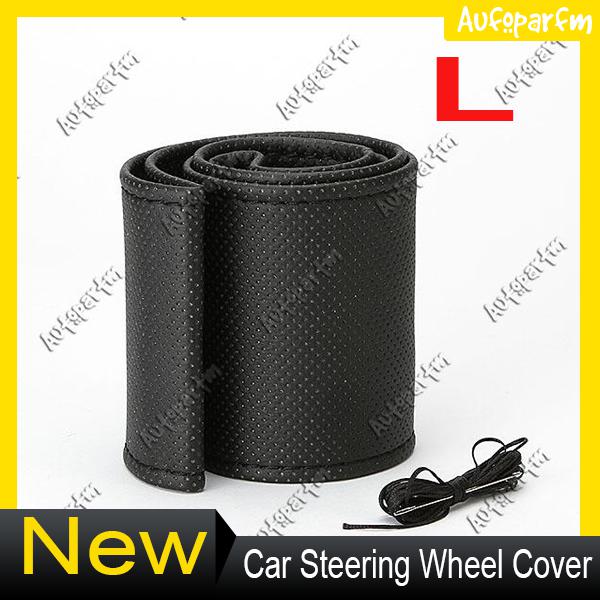 Universal black leather diy car steering wheel cover with needles thread size l