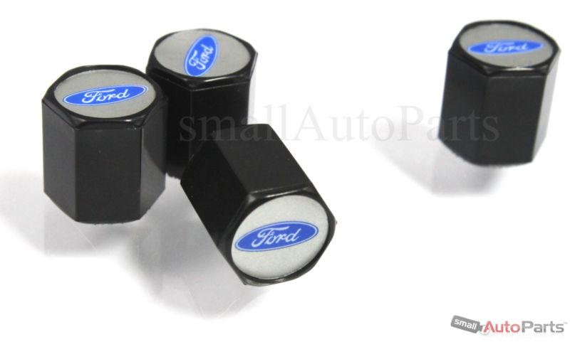 (4) ford blue oval logo black abs tire/wheel stem air valve caps covers set