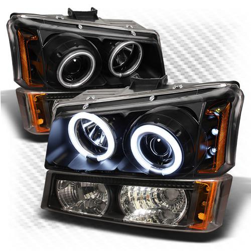 03-06 silverado, 03-05 avalanche ccfl halo black projector headlights + bumper