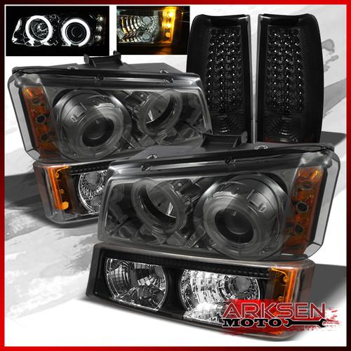 03-06 silverado ccfl halo projector headlights+bumper+smoked led tail lights set