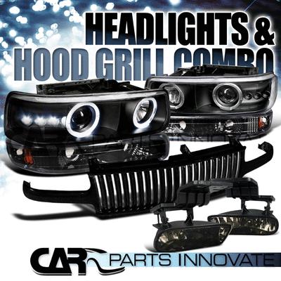 99-02 silverado black projector headlights+bumper lamp+smoke fog light+grill