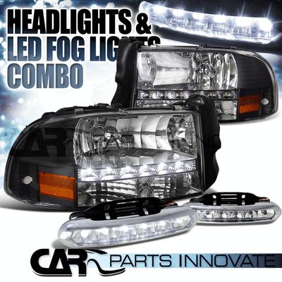 97-04 dodge dakota durango crystal black smd led headlights+led fog bumper drl