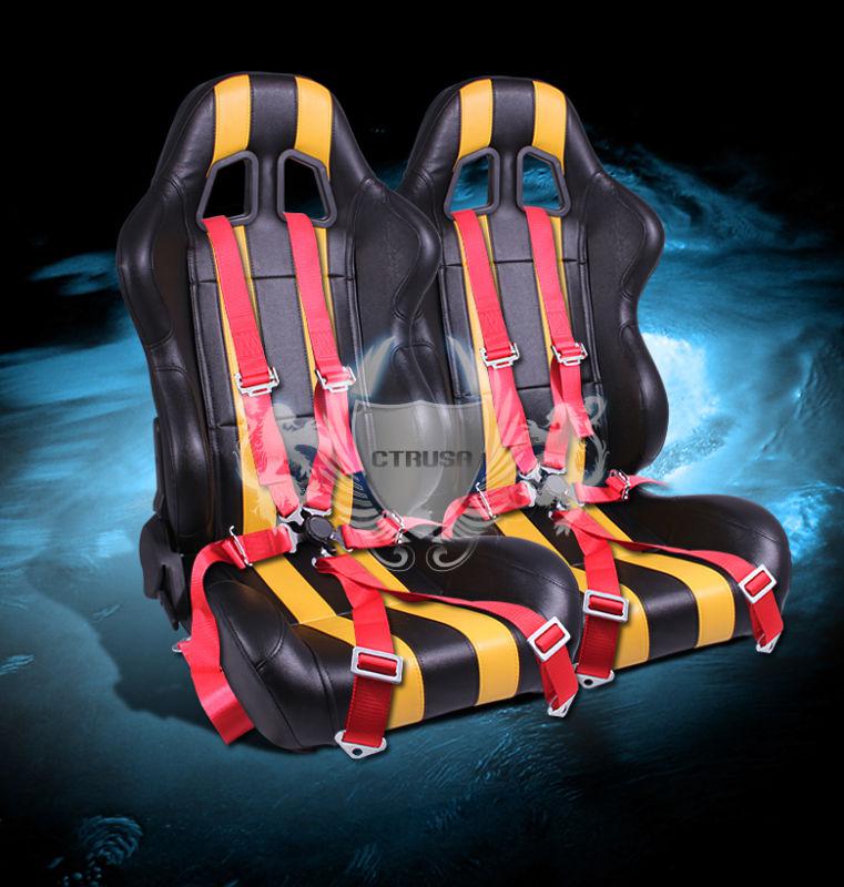 2x universal blk/yellow stripe pvc leather racing seats+6-pt camlock red harness