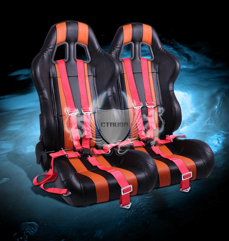 2x universal blk/orange stripe reclinable racing seat + 5-pt camlock red harness