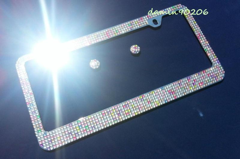 2 x luxury rainbow crystals diamond metal license plate frame new