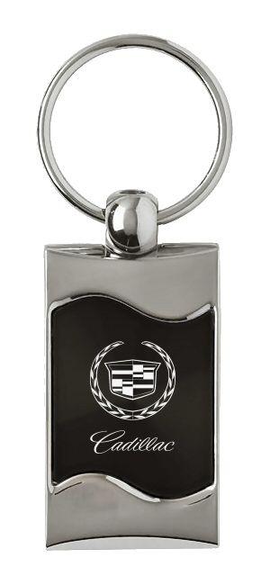 Cadillac black rectangular wave metal key chain ring tag key fob logo lanyard