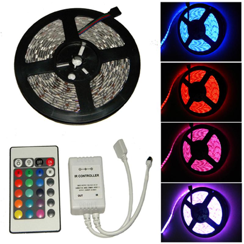 Rgb 5m waterproof 3528 smd car led strip lights 300 led auto+24key ir remote 12v