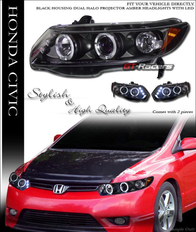 Blk drl led halo rims projector head lights signal 2006-2011 honda civic 2d/2dr