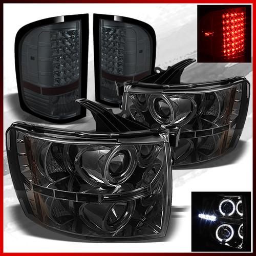 07-13 silverado smoked dual halo led headlights+red led smoked tail lights combo