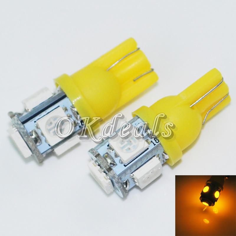 2 pcs t10 194 168 amber 5 smd 5050 led wedge bulb light dc 12v new