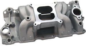 52026 sb chevy crosswind air gap dual plane finish intake manifold satin