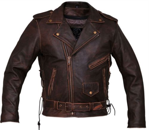 Sample mens brown distressed leather marlon brando biker motorcyle jacket