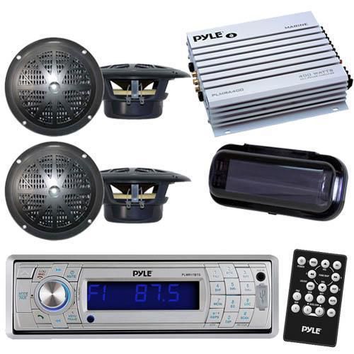 In dash boat mp3 usb stereo &amp; wireless bluetooth 4 4&#034; speakers /400w amp + cover