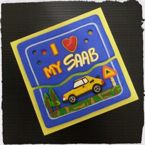 Stylish saab polymer clay art &#034;i love my saab&#034; decorative plaque, handmade!