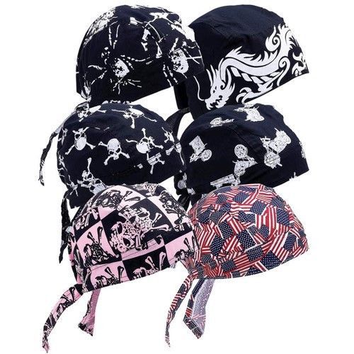 6 pc. assorted cotton biker skull caps motorcycle bandana head wrap du rag doo