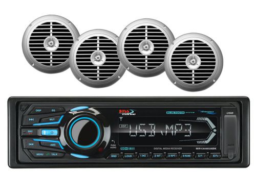 Mr1308uabk marine bluetooth usb ipod aux am fm radio&amp;6 silver 6.5&#034; boat speakers