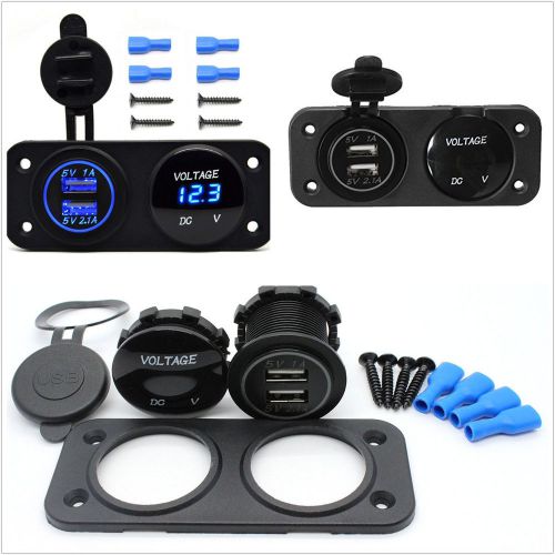 12/32v car 2-hole panel blue led angel eye digital voltmeter &amp; dual usb charger