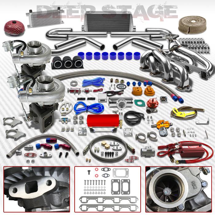 T04e t3/t4 v-band 27pc twin turbo kit+intercooler+manifold87-94 mustang ohv 5.0l