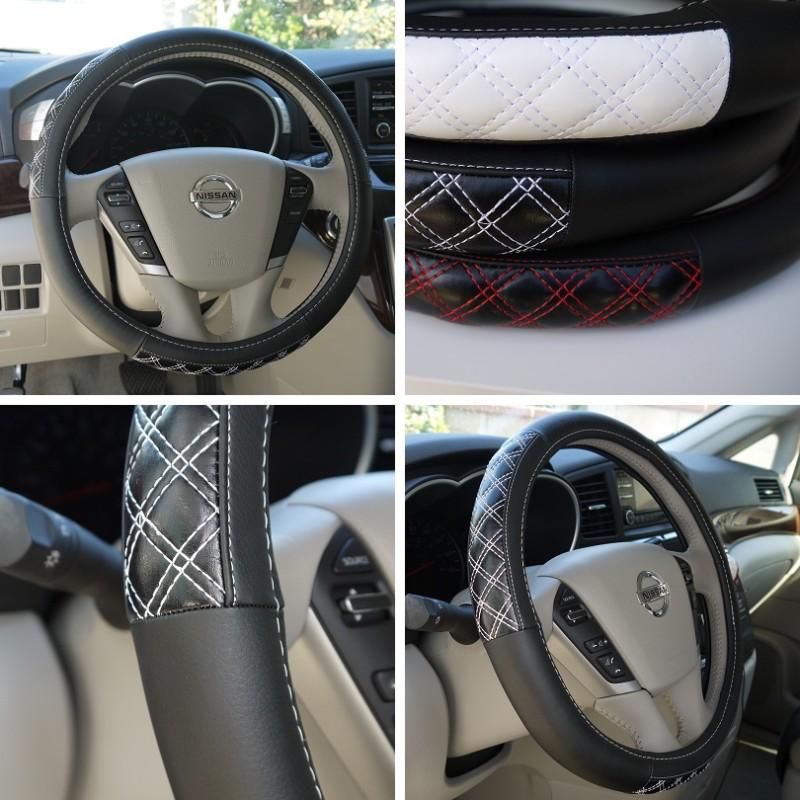 New circle cool black+white stitch leather steering wheel wrap cover 57011 honda