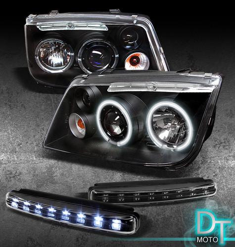 Drl led bumper fog lamps+99-05 vw jetta ccfl halo black projector head lights