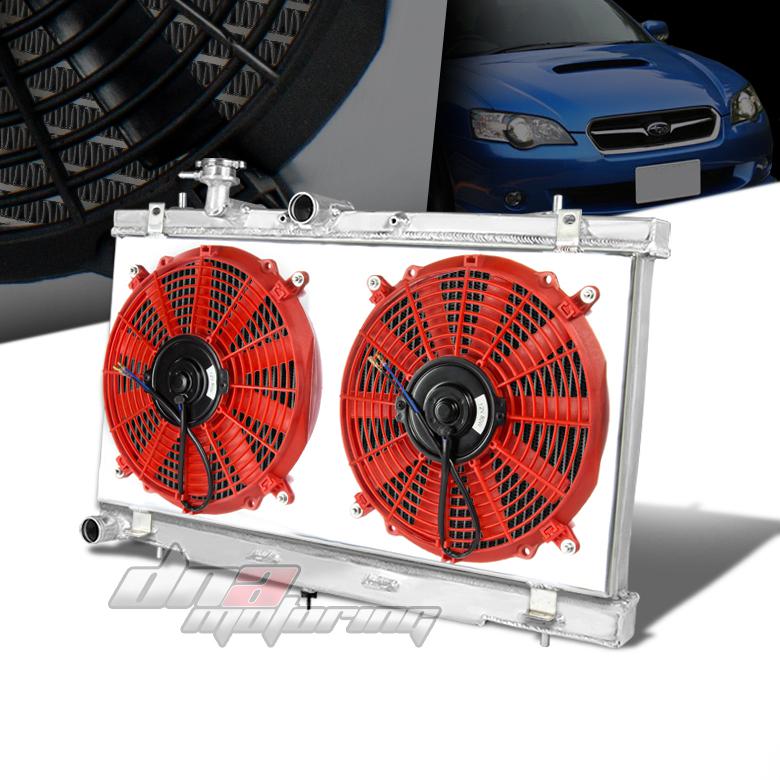 00-04 subaru legacy mt 2-row full aluminum racing radiator+red fan+s​hroud kit