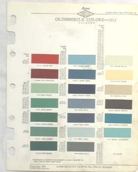 1953  oldsmobile acme  color paint chip chart all models original 