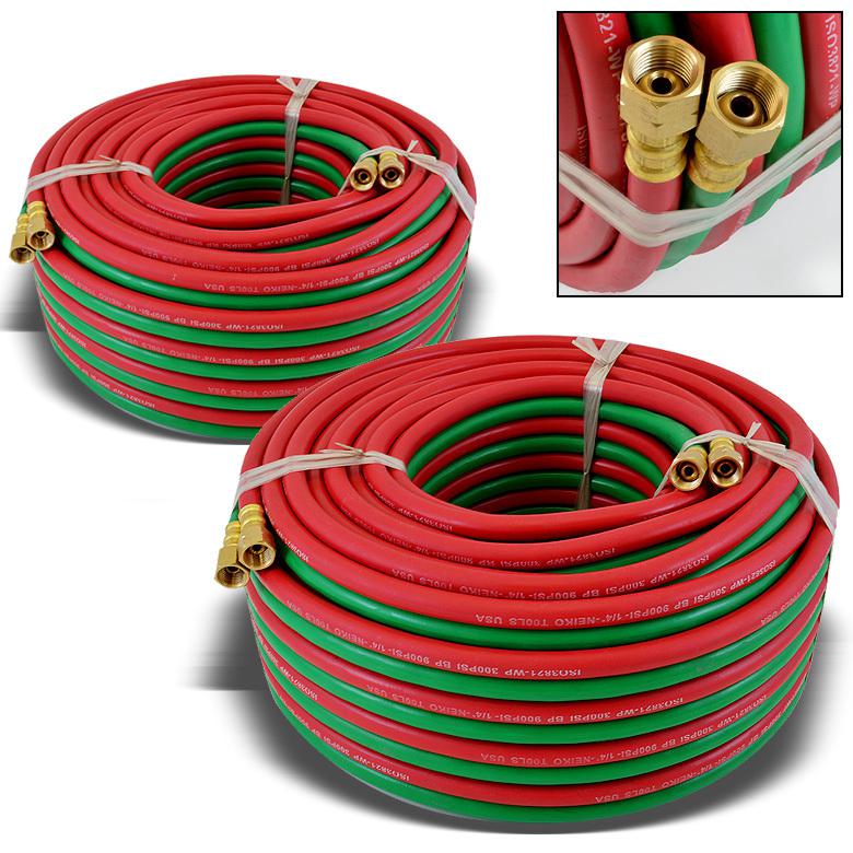 2pc 100ft x 1/4" oxygen acetylene twin welding rubber hose 200' 1/4"id 300psi hd