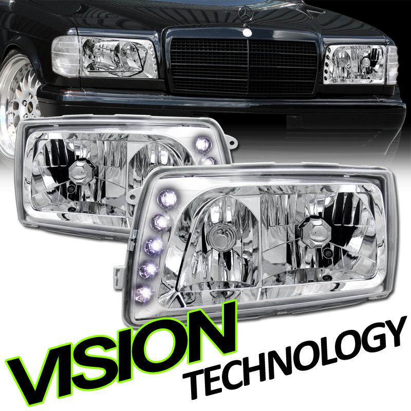 Euro chrome led 5-pin connector head lights lamps pair 81-91 benz w126 4d/4dr