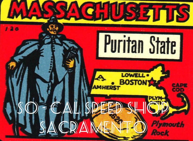 Vintage travel decal massachusetts puritan boston auto rat hot rod trailer old