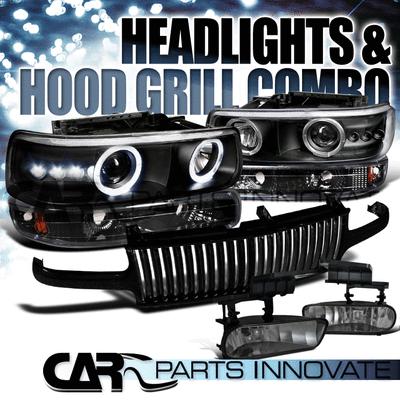 99-02 silverado black projector headlights+bumper lamp+smoke fog light+grill