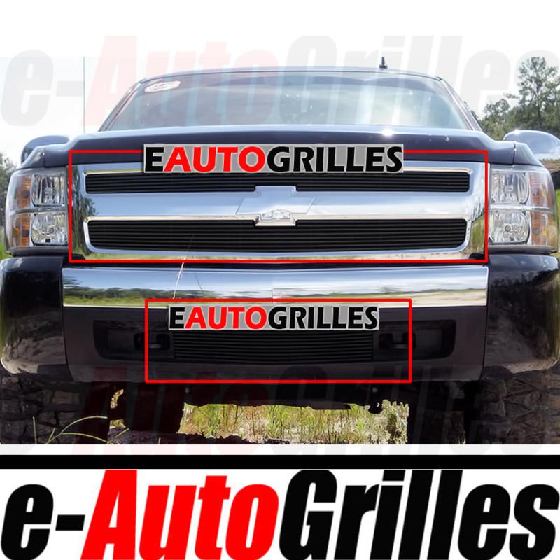 07-13 chevy silverado black upper+bumper w/tow hook billet grille insert combo