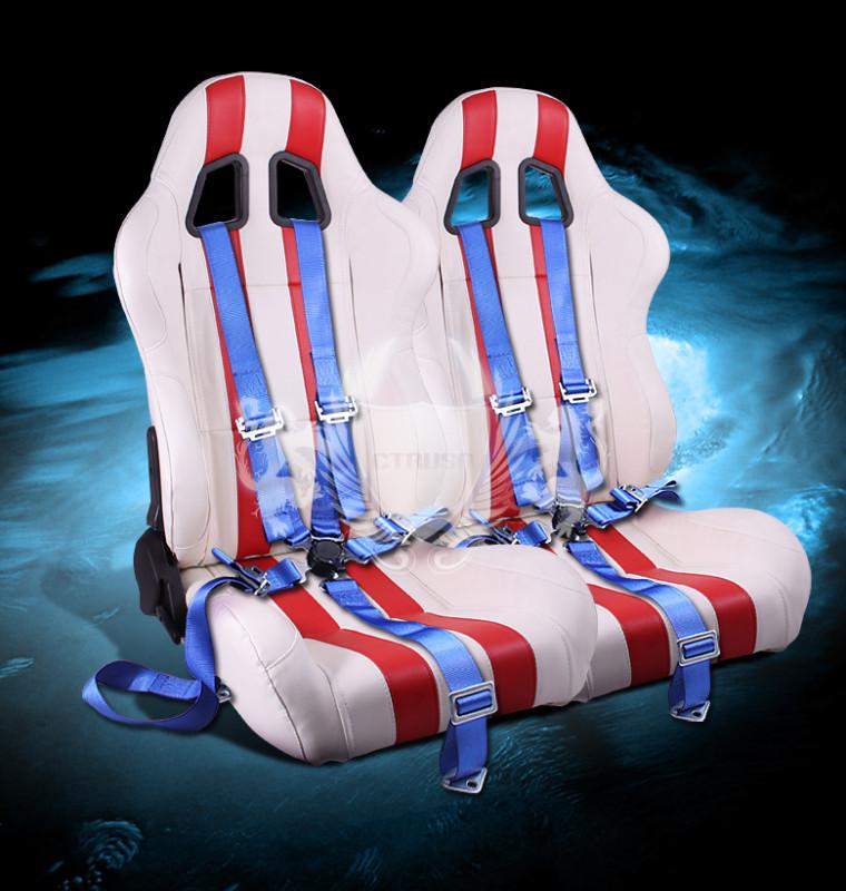 2x white/red stripe pvc/vinyl racing bucket seats + 5-pt blue belt camlock strap