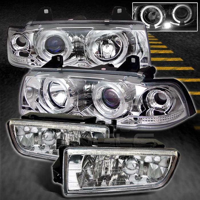 92-98 bmw e36 3-series 4dr clear halo projector led headlights+clear fog w/bulbs