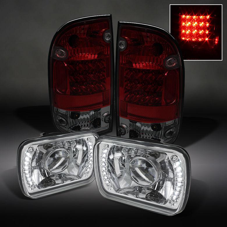 95-97 tacoma chrome projector headlight w/dual strip led+red smoke led tail lamp