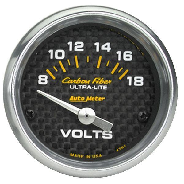 Auto meter 4791 carbon fiber 2-1/16” electric voltmeter gauge 8-18 volts