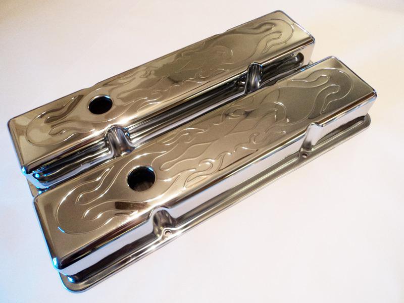 Chevy 283 327 350 400 chrome valve covers flames hot rod camaro nova chevelle