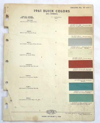 1961 buick dupont  color paint chip chart all models original 