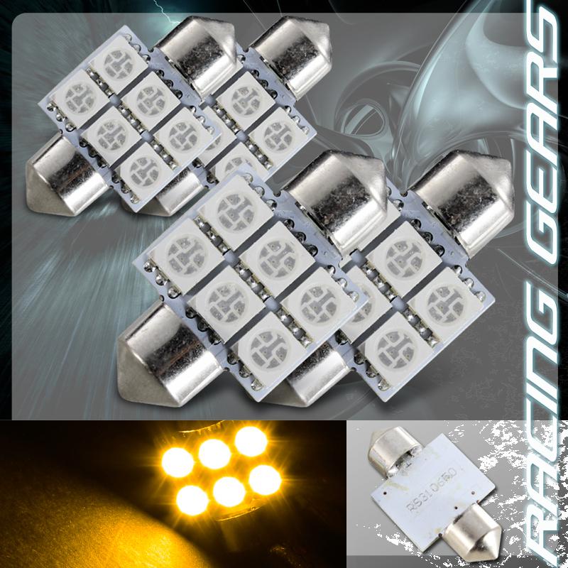 4x 31mm 1.25" amber 6 smd led festoon replacement dome interior light lamp bulb