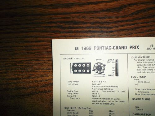 1969 pontiac &amp; grand prix eight 390hp high output 428 ci v8 4bbl tune up chart