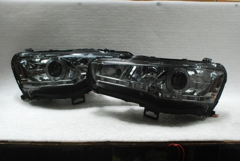 08-12 lancer evo-x halo projector smoked headlights +daytime drl led strip light