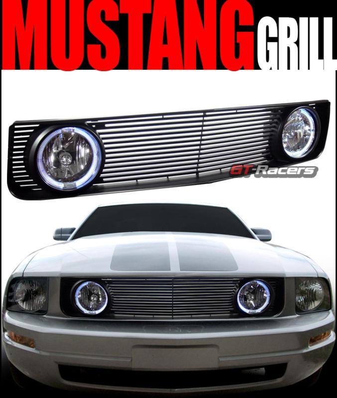 Black sport front hood bumper grill grille+halo fog lights 2005-2009 mustang v6