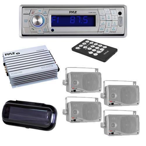 New silver boat marine am/fm stereo player &amp; bluetooth+ amp cover 4 box speakers