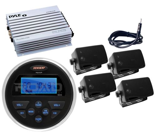 Jensen am fm usb marine radio, 400w amplifier, antenna,4 mini black box speakers